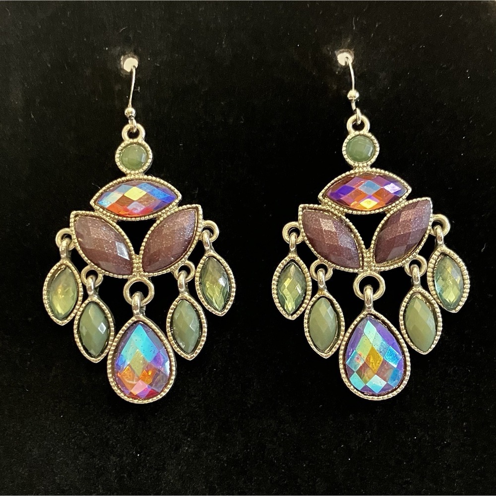 Earrings Iridescent “Oil Spill” Aurora Borealis Chandelier Dangle Bridal Formal